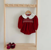 Puffed Sleeve Red Velvet Romper
